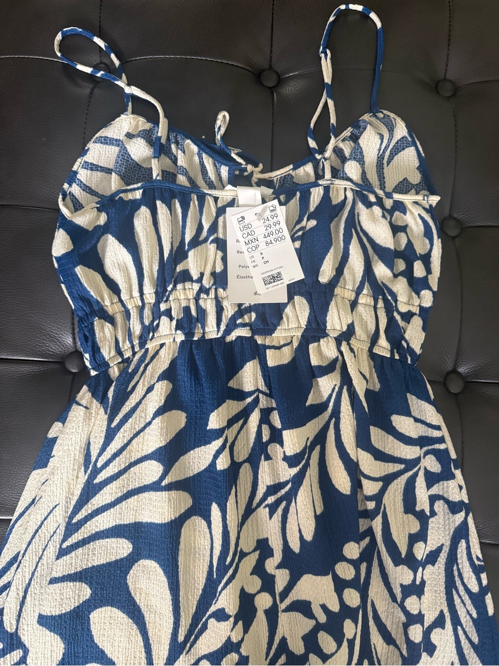 H&M Blue and Cream Midi Dress with Leaf Print